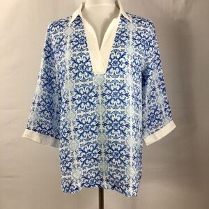 Isaac Mizrahi New York Moroccan Print 100% Linen 3/4 Sleeve Tunic Top Blue Sz M